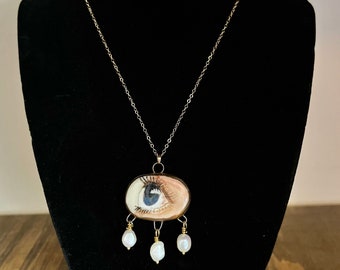 Hand painted Blue Lovers Eye Necklace, Porcelain Pendant with Freshwater Pearls on Gold Chain