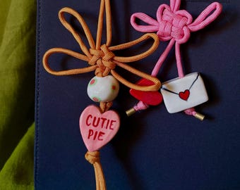 Porcelain Heart Bag Charm, Handpainted Charms on Paracord Knot, Anniversary