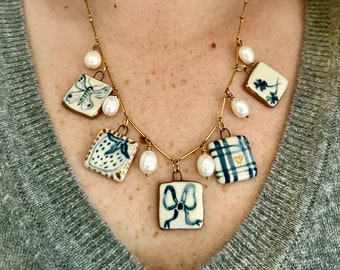 Handmade Porcelain Charm and Pearl Necklace, Blue and White Tile, Luck Talismans, Coquette, Bow