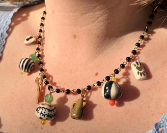 Handmade Rosary Bead Necklace with Porcelain and Vintage Charms, Luck Talismans, Vintage Brass Charms, Black and White Circus