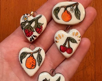 Porcelain Summer Food Necklace Charms- Velvet Necklace with choice of Handpainted Pendant - Strawberry, Tomato, Oranges