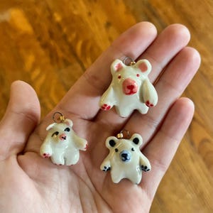 Handpainted Porcelain Bear Charm on Gold Necklace Chain