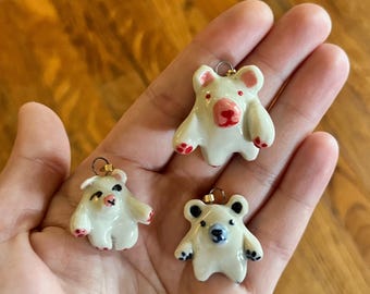 Handpainted Porcelain Bear Charm on Gold Necklace Chain