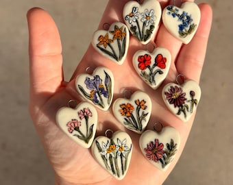 Gold Flowers Porcelain Necklace Charms with Velvet Ribbon, Birth Month Flower