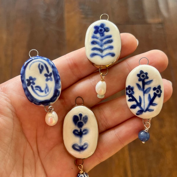 Delft Blue and White Floral Porcelain Necklace Charms with Pearls on Velvet Ribbon