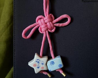 Porcelain Star Face Bag Charm, Handpainted Charms on Paracord Knot