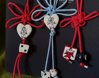 Porcelain Clown Bag Charm, Handpainted Charms on Paracord Knot Harlequin Lucky Charm