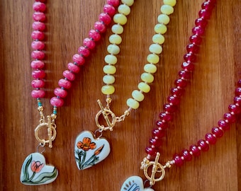 Stone Rondelle Heart Charm Necklace with Quartz and Jade Stones, Hand Painted Porcelain Charm