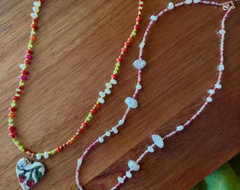Hand Painted Strawberry Charm Necklace with Green Jade and Pearls