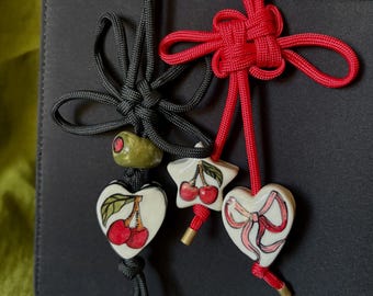 Porcelain Cherry Bag Charm, Handpainted Charms on Paracord Knot