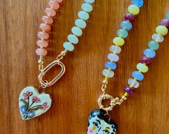 Heart Charm Necklace with Quartz and Jade Stone, Hand Painted Porcelain Charm