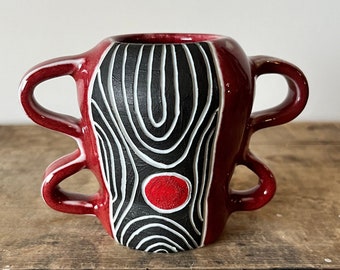 Small Porcelain Hand Carved Vase, Calder Inspired Sgraffito Design
