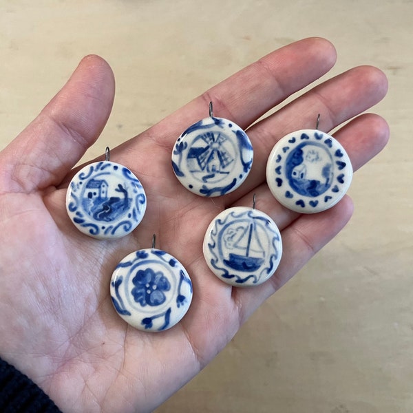 Porcelain Delft Plate Necklace Charms- Velvet Necklace with choice of Handpainted Pendant, Blue and White Dutch Pottery