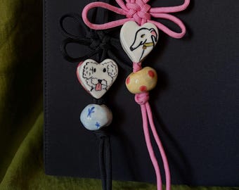 Porcelain Dog Bag Charm, Handpainted Charms on Paracord Knot