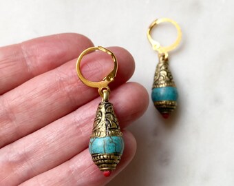 Turquoise Brass Dangle Earrings, Lever Back Earrings