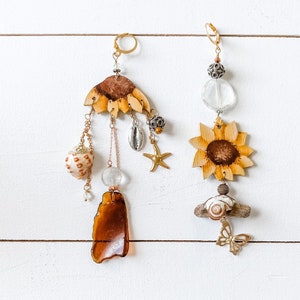 Boucles d&#39;oreilles en verre tournesol + mer, Boucles d&#39;oreilles bohèmes, Boucles d&#39;oreilles pendantes, Boucles d&#39;oreilles écologiques faites main, Boucles d&#39;oreilles uniques