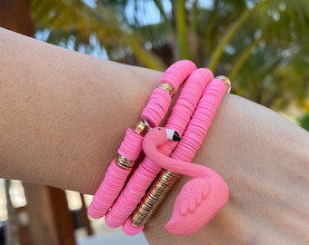 Pink Ceramic Bracelet Set, Flamingo Charm, Stretchy Boho Jewelry