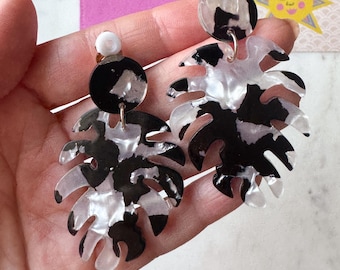 Black and White Monstera Leaf Clip-on Earrings, Acrylic Lightweight Clipons