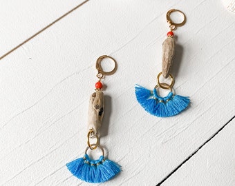 Electric Blue Tassel + Driftwood Earrings, Tassel Earring, Eco Friendly Earrings, Sustainable Jewelry, For Her, Wife Gift, Mom Gift