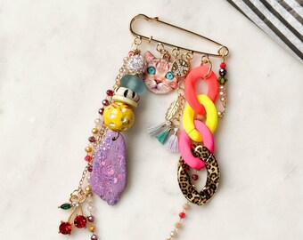 Carnival Cat Brooch, Driftwood Ceramic Pin, Colorful Whimsical Jewelry