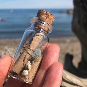 May include: A small glass bottle with a cork stopper filled with sand, seashells, and a rolled up piece of paper.