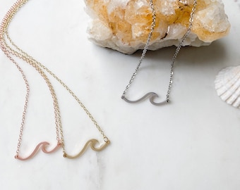 14K Gold Vermeil Wave Necklace, Beach Jewelry, 18" Cable Chain