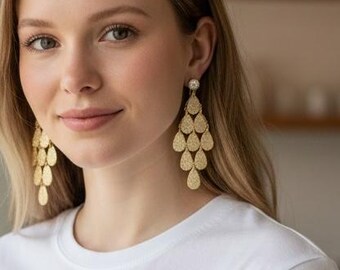Gold Imitation Diamond Clip-on Earrings, Lightweight Dangle Clipons
