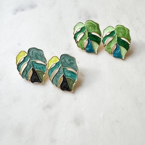 Monstera Leaf Statement Earrings, Green & Gold Botanical Jewelry, Plant Lover
