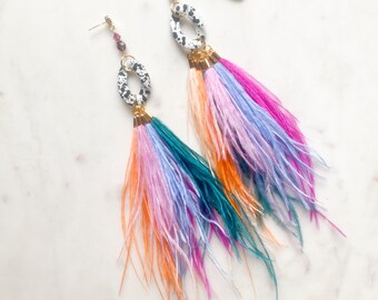 Feather + Swarovski Crystal Earrings, Stayement Earrings, Feather Earring, Dangly Earrings, Sustainable Earrings, Lightweight Earrings