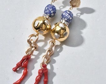 Handcrafted one-of-a-kind Statement Earrings, Beach Earrings, Gold, Pearl, Ceramic