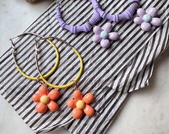 Cheerful Daisy Hoop Earrings, Purple Bamboo Daisy Earring, Orange + Yellow Hoop Earrings, Flower Lover Gift