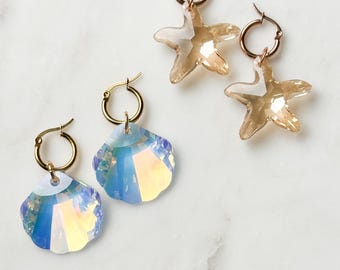 Swarovski Starfish Shell Huggies, Available in 3 Finishes, Beach Wedding, Vacation Jewelry, Bridesmaid Gift