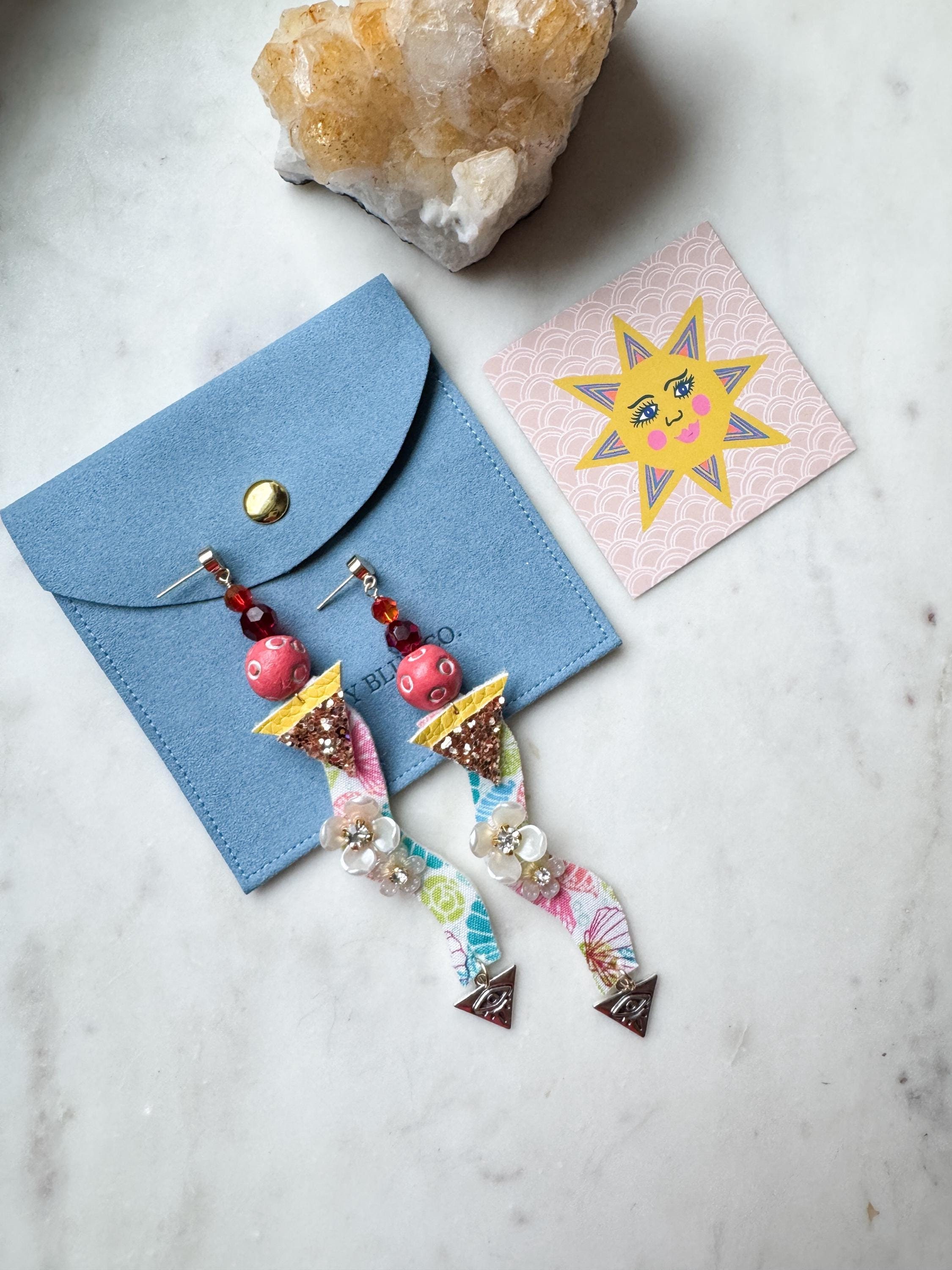 Sustainable Dangle Earrings, Recycled Fabric, Swarovski Crystal
