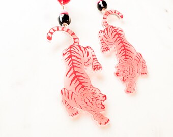 One-of-a-Kind Red & Pink Tiger Statement Earrings, Heart Detail, Animal Jewelry
