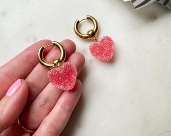 Red Puffy Sugared Heart Huggie Earrings