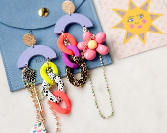 One-of-a-kind Cheerful Earrings, Daisy Earrings, Colorful Earrings, Dangly Statement Earrings