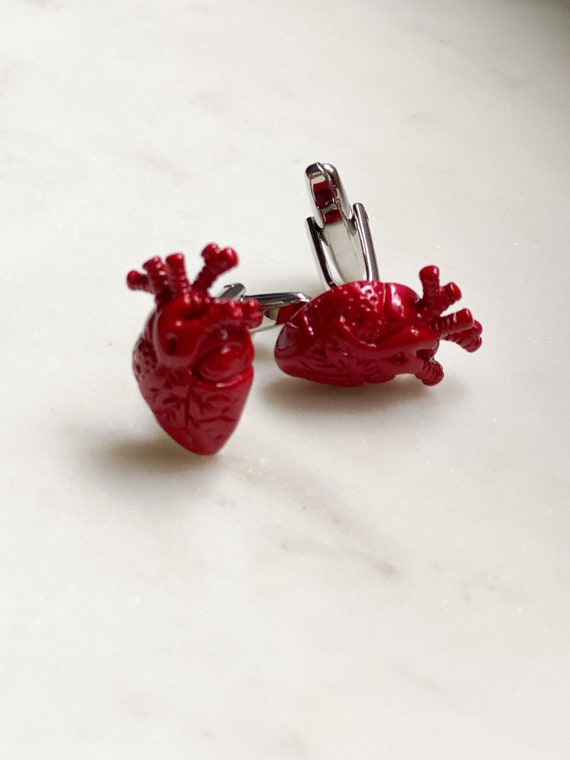 Boutons De Manchette Cœur De Cardiologue - Rouge - Acier Rhodié - Neuf Avec étiquettes