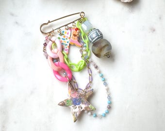 Ceramic Star Brooch, Opal, Carved Wood, Colorful Bag Charm