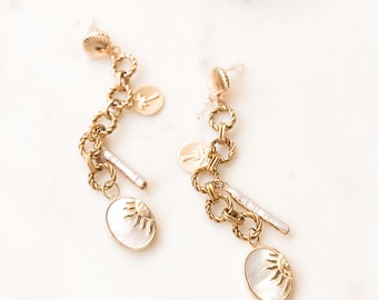 Handcrafted one-of-a-kind Statement Earrings, Beach Earrings, Gold, Pearl, Palm Tree, Sun Pendant