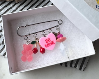 Valentine's Gummy Bear Brooch, Opal, Cherry, Love Pendant