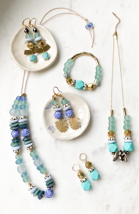 Parure De Bijoux Perles De Verre Turquoise - Colliers, Boucles D'oreilles, Bracelet - Neuf