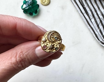 Moon Star and Evil Eye Ring, sizes 6-9, 14K gold vermeil