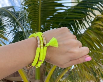 Neon Yellow Bracelet Set, Neon Bracelets, Neon Jewelry, Boho Bracelets, Stretchy Bracelet, Neon Yellow Bracelet, Sustainable Jewelry