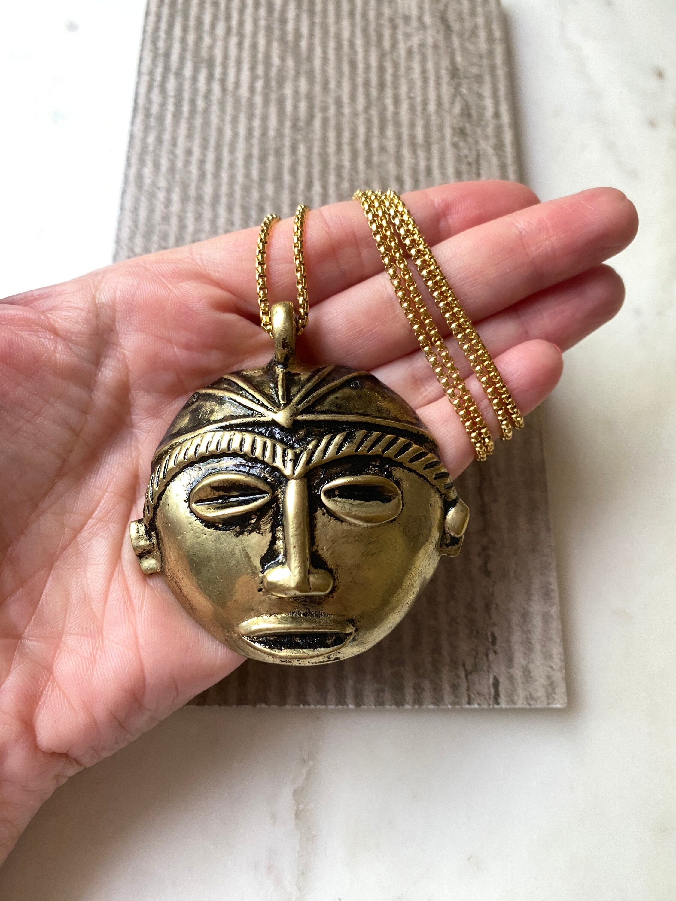 African Brass/Silver Mask Necklace, Brass Necklace, Unique Necklace, Everyday Necklace, Layering Necklace, Silver Jewelry, Statement