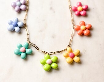 Rainbow Daisy Necklace, Flower Statement Necklace