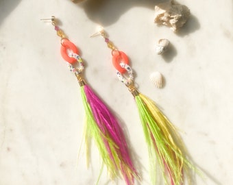 Feather + Swarovski Crystal Earrings, Stayement Earrings, Feather Earring, Dangly Earrings, Sustainable Earrings, Lightweight Earrings