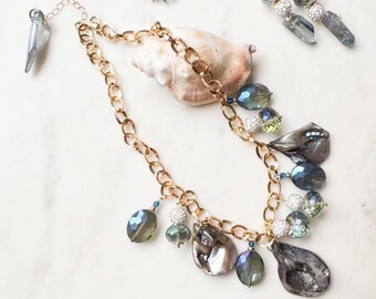 Mother-of-Pearl & Crystal Statement Jewelry, Statement Necklace, Beach Themed Blue Gold Earrings