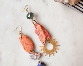Sun and Cloud Driftwood Statement Earrings, Ceramic, 14K Gold Vermeil, Sustainable Gift