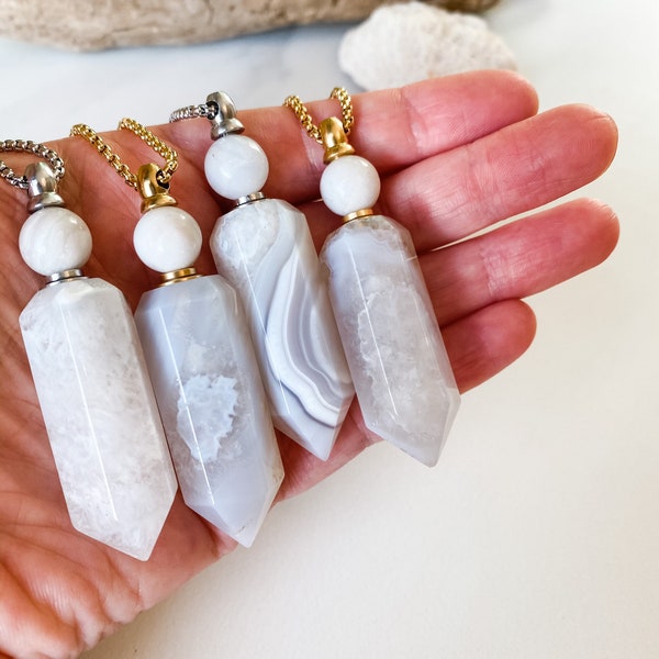 Aromatherapy Necklace, Diffuser Necklace, Essential Oil Necklace, Oil Diffuser Necklace, White Agate Necklace, Perfume Necklace