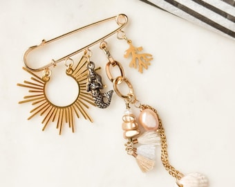 Mermaid Brooch, Gold Sun, Pearl, Swarovski Crystal, Beach Bag Charm